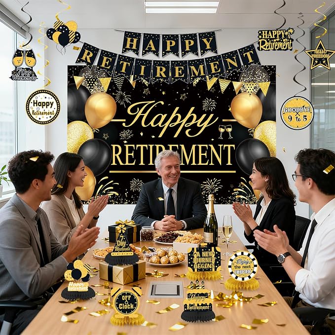 Retirement Party Decorations for Men Women Black Gold Happy Retirement Banner - Image 5