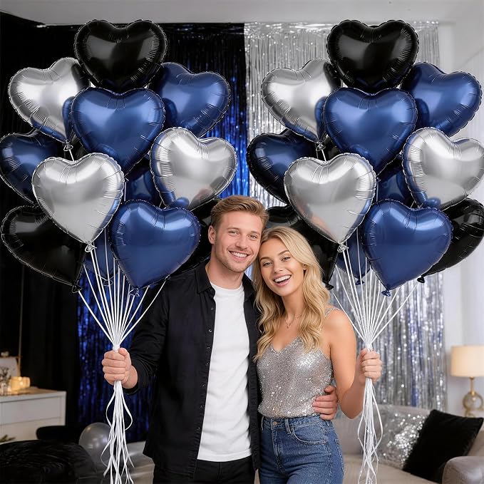Black Blue Silver Heart Balloons, 18Inch Blue Silver Helium Balloon - Image 3