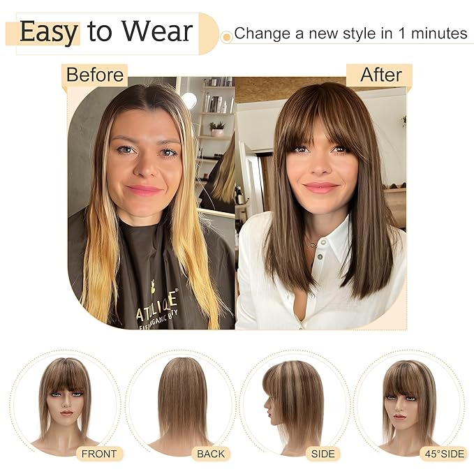 SEGO Hair Toppers for Women Real Human Hair With Bangs, 7 * 13CM Silk Base 100% Remy Human Hair Clip in Top Wiglet Hairpieces Add Volume -10 Inch 4P27 Medium Brown&Dark Blonde