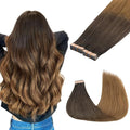 GOO GOO Tape in Hair Extensions Human Hair, 1D/2C/4E Chocolate Dip Color Melt, 12inch 80g 40pcs, Skin Weft Seamless Invisible, Silky Straight with Thick Ends, Remy Human Hair