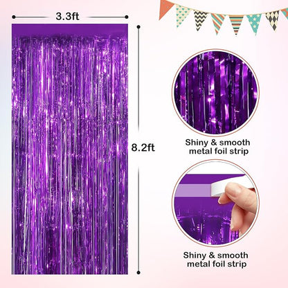 Purple Metallic Tinsel Foil Fringe Curtains, 4 Pack 3.3x8.3 Feet Party Streamer - Image 2