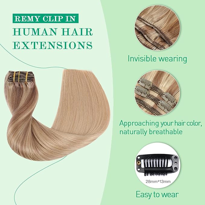 SURNEL Clip in Hair Extensions Golden Brown to Caramel Blonde 20 Inch Thick Clip in Extensions Human Hair 160g 7pcs(7C#10/27/27-20")