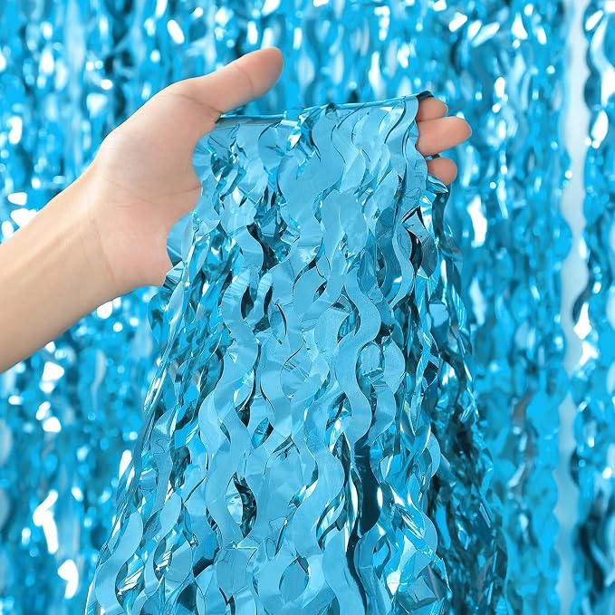 3 Pack Blue Wavy Tinsel Foil Fringe Curtain - Image 2