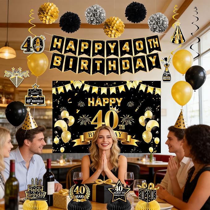 40th Birthday Decorations for Men Women | Pre-Strung Black Gold Happy Birthday - Image 2