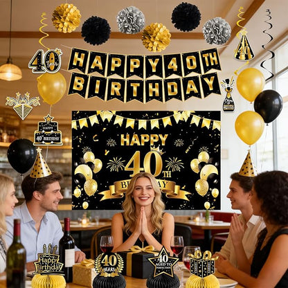 40th Birthday Decorations for Men Women | Pre-Strung Black Gold Happy Birthday - Image 2