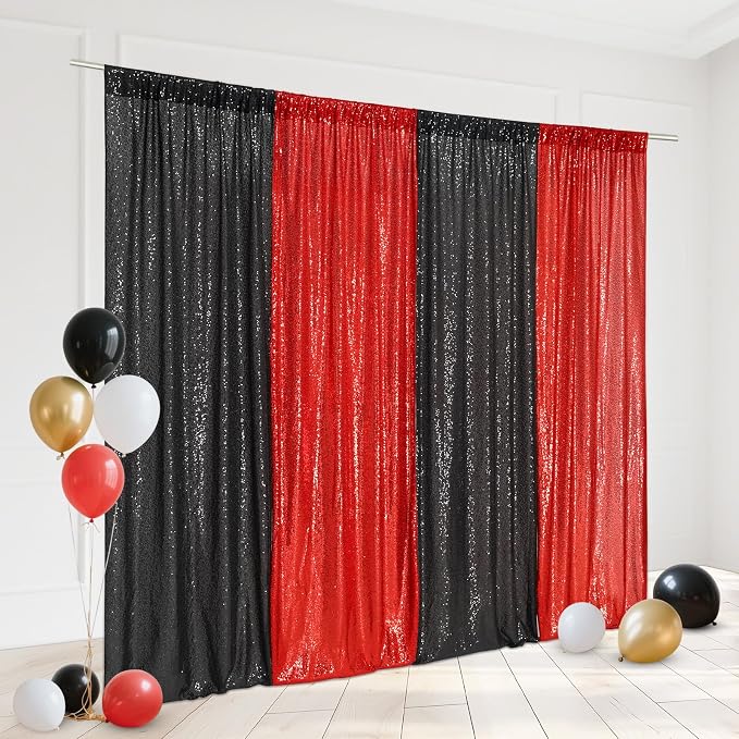 Eternal Beauty Black & Red Sequin Backdrop Curtains, 4 Panels 2x8FT | 3mm - Image 2
