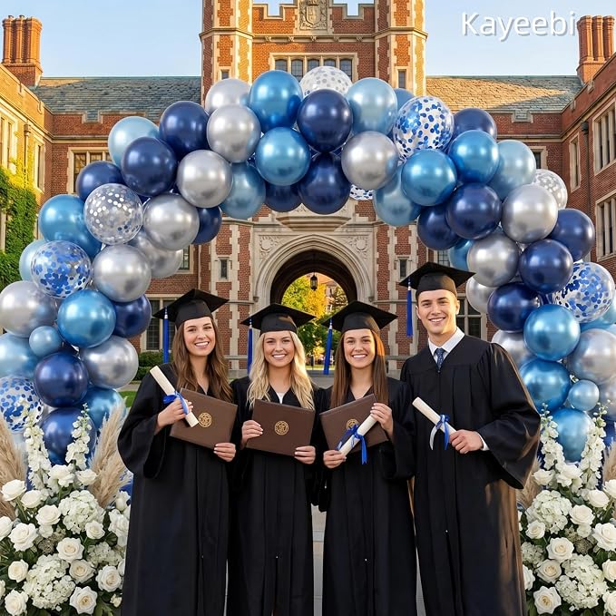 Blue Silver Balloons 12 Inch Blue and Silver Balloons Dark Navy Confetti Latex - Image 3
