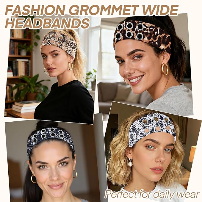 Meifuly 4 Pack Fashion Grommet Wide Headbands for Women, Hollow Out Eyelets Elastic Wide Headband, Y2k Girls Punk Grunge Stretchy Hair Accessory