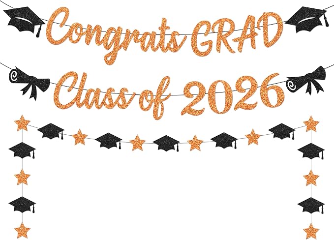 Black and Orange Congrats Grad Banner, Class of 2026 Banner and Graduation Caps by Unknown