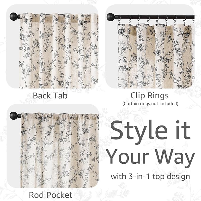 jinchan Black Floral Linen Curtains 63 Inch Rustic Drapes Back Tab 2 Panels | - Image 5