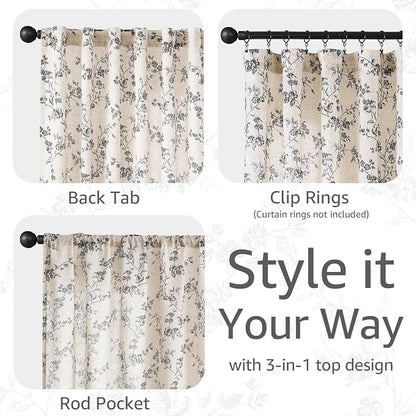 jinchan Black Floral Linen Curtains 63 Inch Rustic Drapes Back Tab 2 Panels | - Image 5