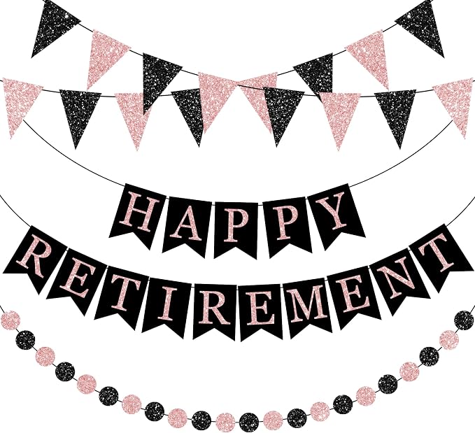 Happy Retirement Banner Rose Gold and Black Retirement Banner Glittery Pennant by Unknown