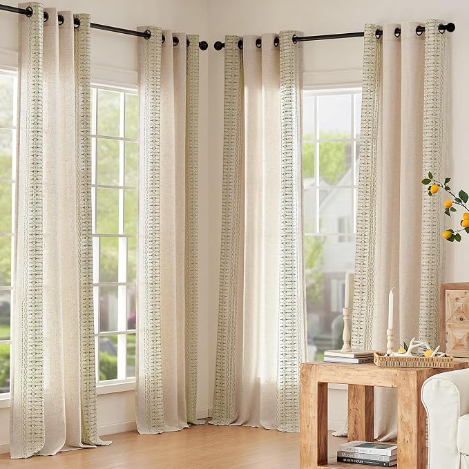 jinchan Boho Curtains for Bedroom Linen Blend Curtains Sage Green Embroidered - Image 5