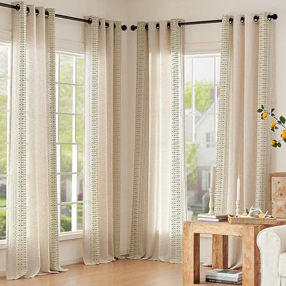 jinchan Boho Curtains for Bedroom Linen Blend Curtains Sage Green Embroidered - Image 5