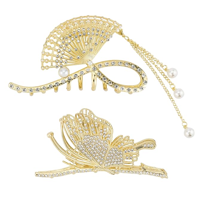 2PCS Gold Fan-Shaped Rhinestone & Pearl Hair Clips, Large Metal Claw Clips with Tassel, Elegant Hair Accessories for Women