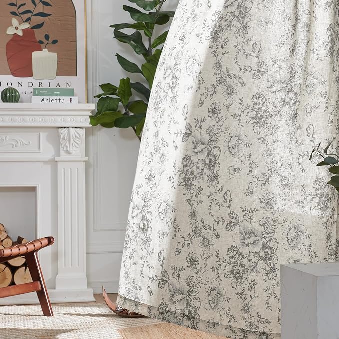 jinchan Grey Floral Linen Curtains 96 Inch Vintage Back Tab 2 Panels | Light - Image 8