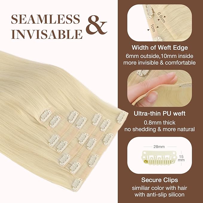 GOO GOO Clip in Hair Extensions Real Human Hair, Remy Human Hair Extensions Clip ins for Women, Natural Human Hair, 24inch 140g 7Pcs, #60A Platinum Blonde