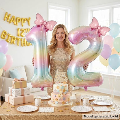 40" Giant Pastel Rainbow Number 12 Balloon Foil Pink Bow Decor Kit | - Image 4