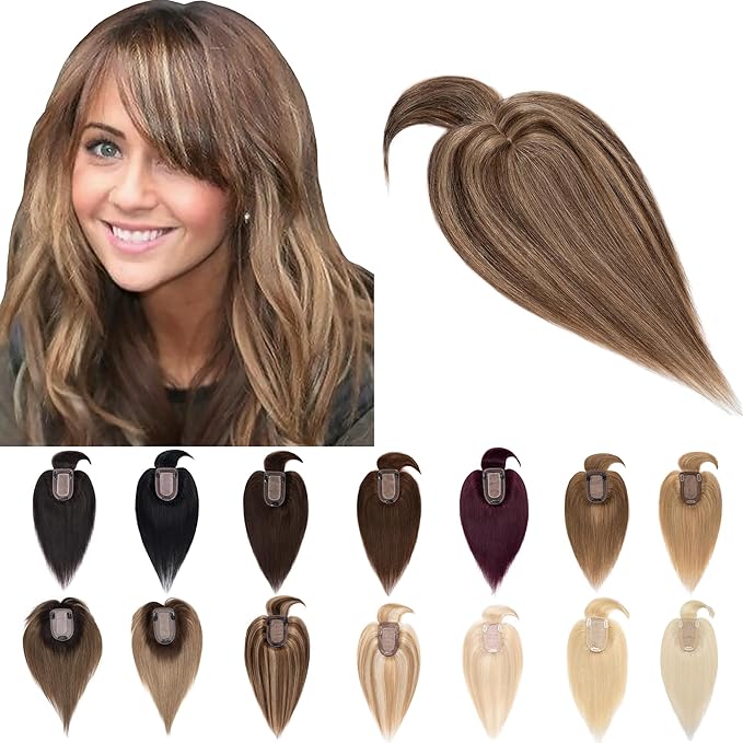 SEGO Hair Toppers for Women Real Human Hair With Bangs, 7 * 13CM Silk Base 100% Remy Human Hair Clip in Top Wiglet Hairpieces Add Volume -8 Inch/Medium Brown&Dark Blonde