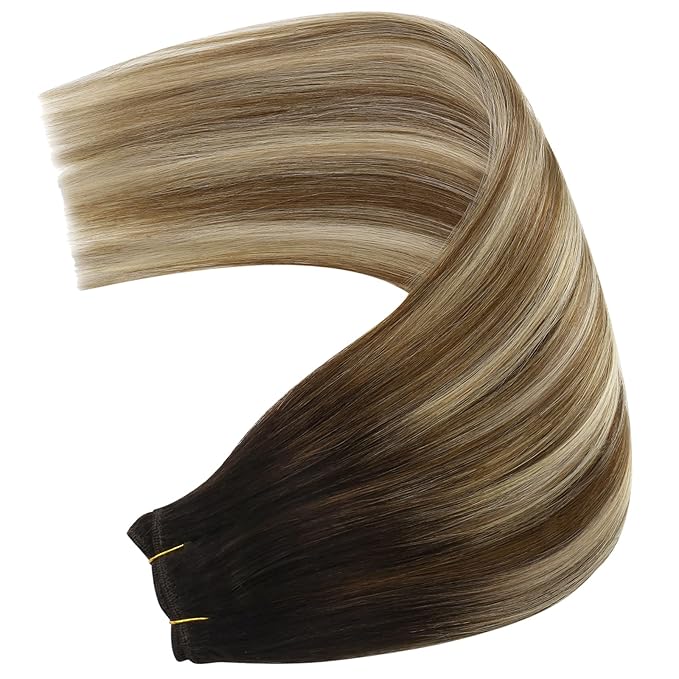 YoungSee Sew in Hair Extensions Real Human Hair Brown Ombre Human Hair Weft Extensions Dark Brown Roots to Medium with Blonde Hair Extension Sew in Long Straight Hair 100G 22Inch