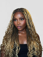 Human Hair Boho Curls Hand-Tied HD Full Lace Wig - 24" Salon-Level Small Box Synthetic Braids (121 Braids, High Density) Pre-Cut Swiss HD Lace, Pre-Plucked, Tangle-Free - 1B/27/613 Highlight
