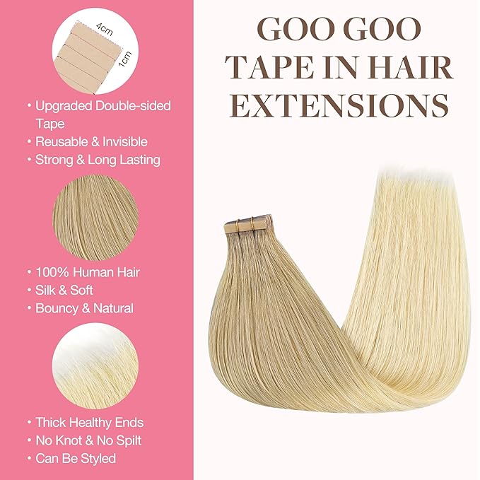 GOO GOO Tape in Hair Extensions Human Hair, O7/60F Ombre Ash Blonde with Frosted Highlights, 20inch 50g 20pcs, Skin Weft Seamless Invisible, Silky Straight with Thick Ends, Remy Human Hair
