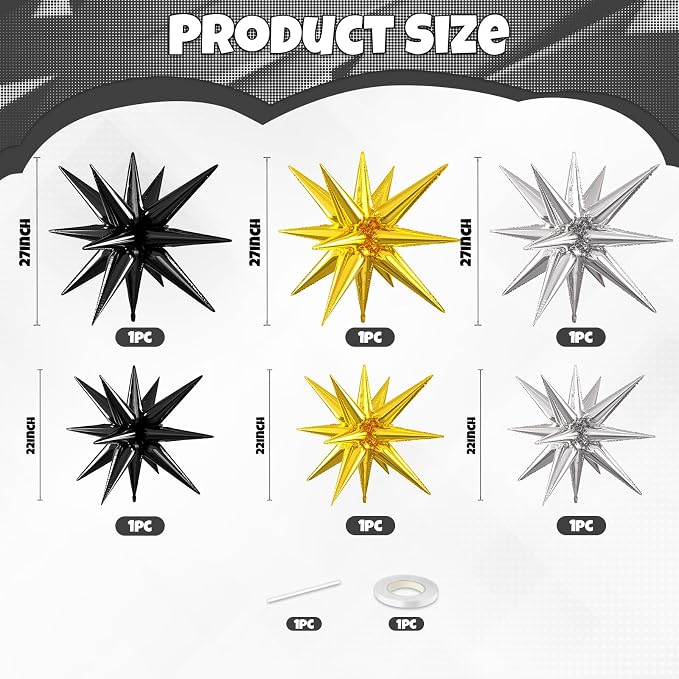 Silver Gold Black Star Balloons, 22/27 Inch Silver Black Gold Star Foil Balloons - Image 2