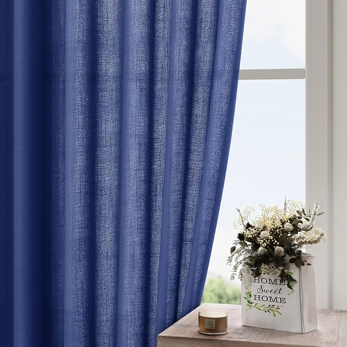 Classic Blue Linen Curtains Semi Sheer 96 Inches Long 2 Panels Set - Image 4