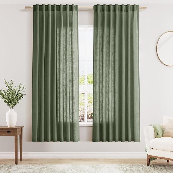 Olive Green Linen Curtains 72 Inches Long 2 Panels Set by Nanspring