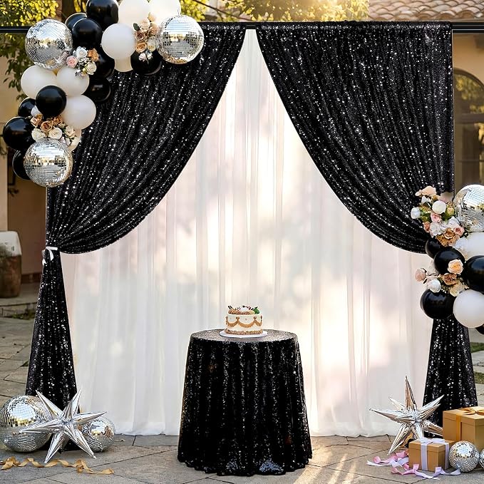 Black Sequin Backdrop Curtains-1 Panel 3FTx8FT Black Backdrop - Image 2