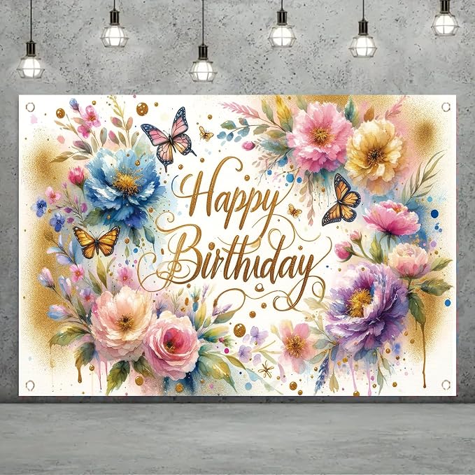 Floral Birthday Backdrop for Girls Spring Butterfly Happy Birthday Photography - Image 5