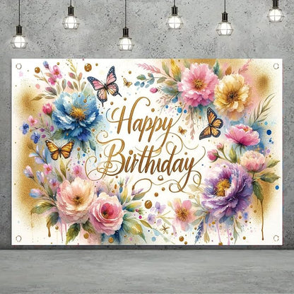 Floral Birthday Backdrop for Girls Spring Butterfly Happy Birthday Photography - Image 5