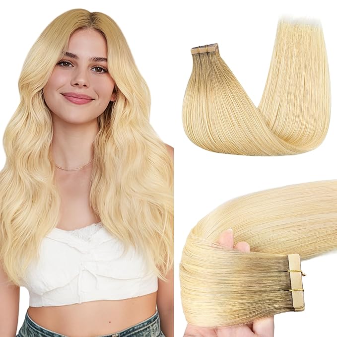 GOO GOO Tape in Hair Extensions Human Hair, R7/60F Rooted Ash Blonde with Frosted Highlights, 22inch 50g 20pcs, Skin Weft Seamless Invisible, Silky Straight with Thick Ends, Remy Human Hair