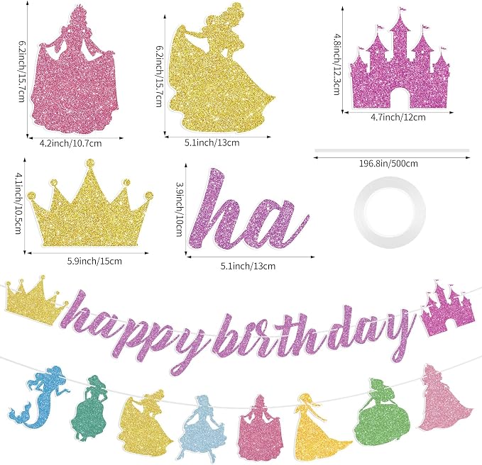 Princess Birthday Banner Glitter Happy Birthday Banner Princess Banner Garland - Image 2