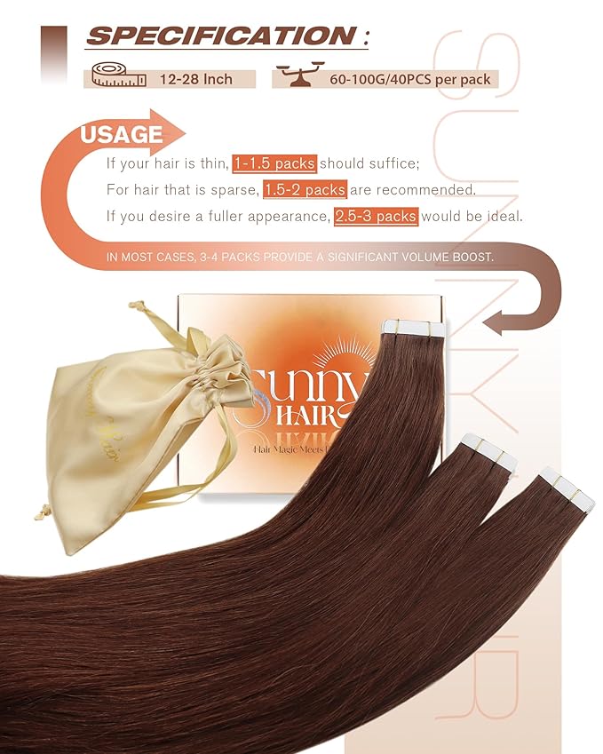 Sunny Hair Tape in Hair Extensions Human Hair, 22inch 40Pcs Auburn Brown Human Hair Tape in Extensions Remy Invisible Tape ins Human Hair Extensions Straight