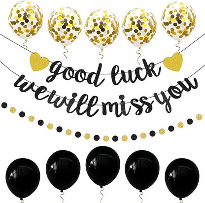 Good Luck We Will Miss You Banner Glitter Black Gold Banner Balloon Garland by PEIQICHU