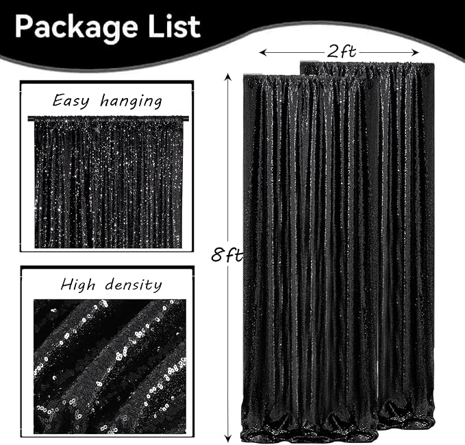 Black Sequin Backdrop Curtains 2Panel 2x8ft - Image 4