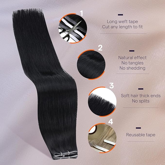 Full Shine Tape in Hair Extensions Human Hair Color 1 Jet Black One Piece Long Tape in Extensions Wide PU Double Weft 22Inch Seamless Invisible Hair Extensions for Women 50G Quick Install