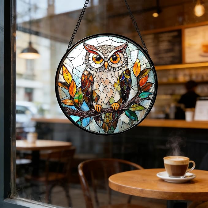 DASTOLL Stained Glass Window Hanging, Owl Colorful Leaves Birds Sun Catchers - Image 5