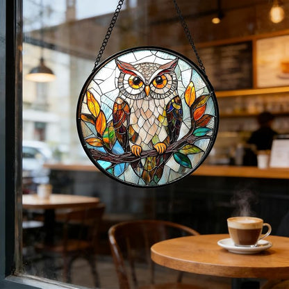 DASTOLL Stained Glass Window Hanging, Owl Colorful Leaves Birds Sun Catchers - Image 5