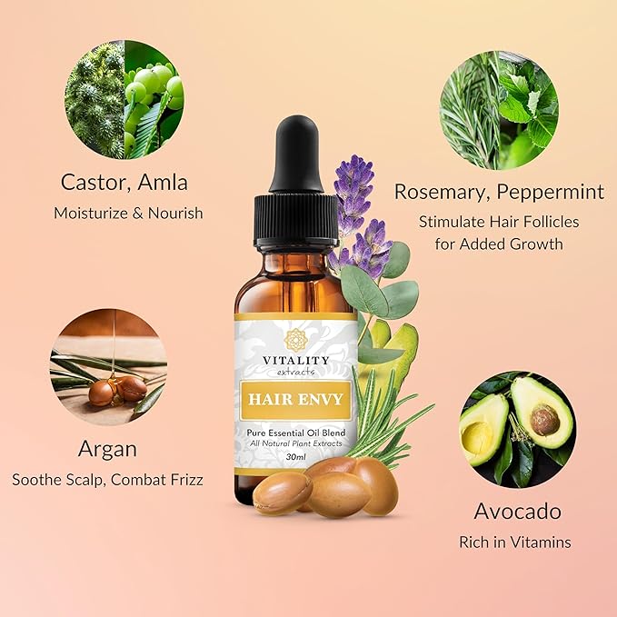 Vitality Extracts Hair Envy - Natural Hair Growth Serum - 100% Pure Essential Oils, 15 Plant Extracts, No Synthetics, No Parabens - Strengthen Hair, Minimize Breakage, Stimulate Follicles