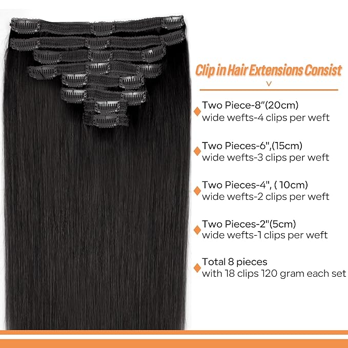 Straight Clip In Hair Extensions Real Human Hair 8Pcs Clip In Jet Black Human Hair Extensions with 18Clips Lace Weft 120g 18inch
