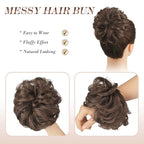 FESHFEN Messy Bun Hair Piece - Large Elastic Wavy Curly Hair Bun Scrunchies Ponytail Extensions Synthetic Chignon Hairpieces for Women, Brunette Brown 1.94oz