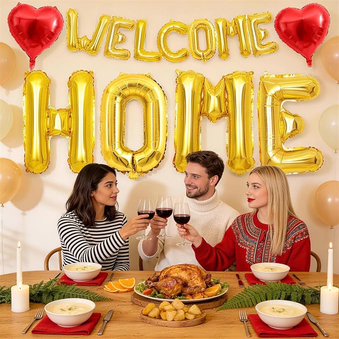 Welcome Home Balloons Red Gold, 40Inch HOME and 16Inch Welcome Foil Balloons - Image 3