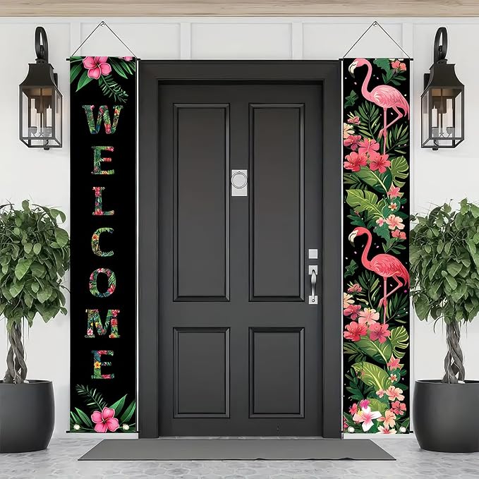 BlissYard 2pcs Black Pink Flamingo Door Banner Summer Hawaiian Porch Banners - Image 3