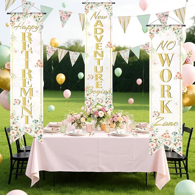 3Pcs Retirement Porch Sign Door Hanging Banner Floral Happy Retirement Banner - Image 4