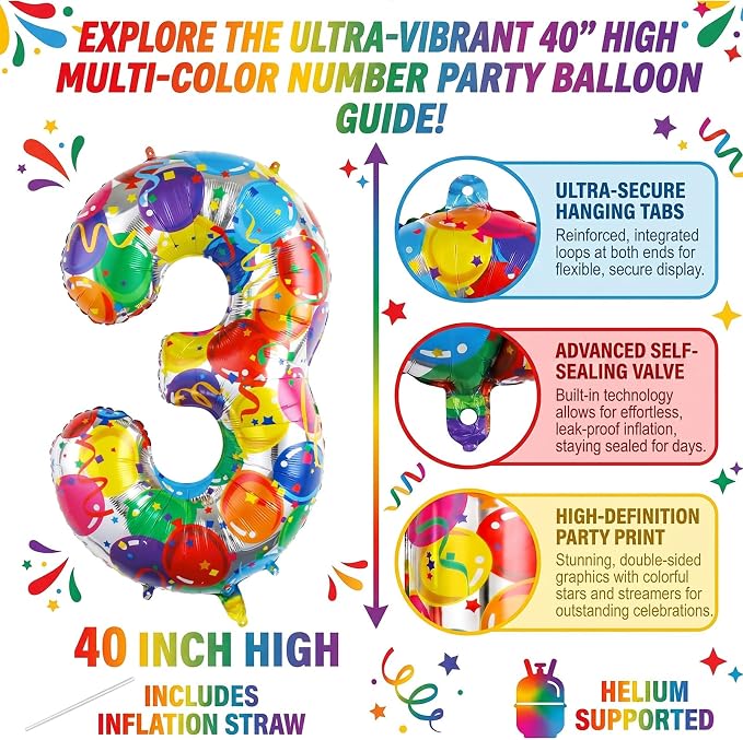 40 Inch Number 3 Balloon, Large Foil Mylar Number Balloon - Image 2