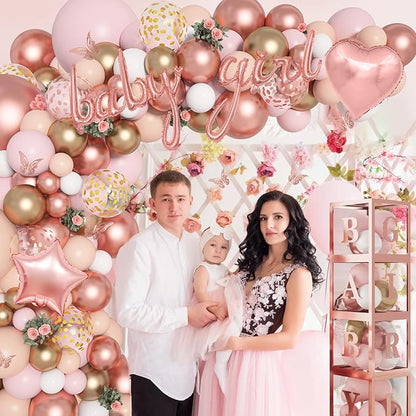 Amandir 135pcs Rose Gold Balloons Pink Girl Baby Shower Decorations | Butterfly - Image 7