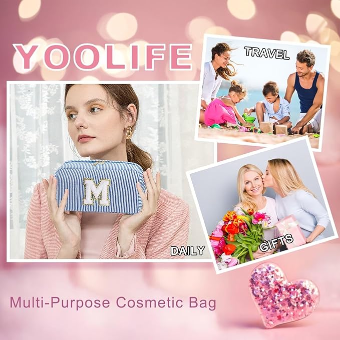 YOOLIFE Initial Cosmetic Bag for Women - Monogram Cute Blue Makeup Bags Toiletry Pouch Make Up Case for Women Her Best Friend Friendship Sister Teacher, Personalized Birthday Gifts for Women P