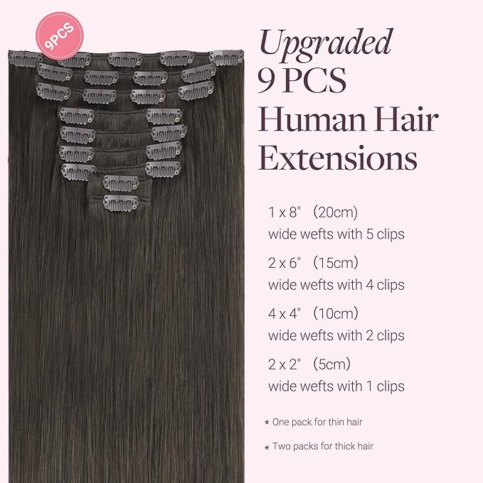 GOO GOO Clip in Hair Extensions Real Human Hair, Remy Human Hair Extensions Clip ins for Women, Natural Human Hair, 20inch 150g 9Pcs, 1C Mocha Brown